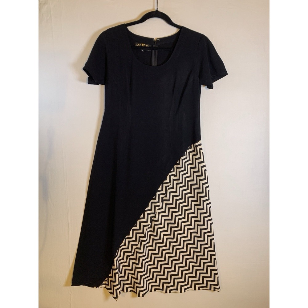 Nazila Couture sz Small Black Chevron Viscose Asymmetrical A-Line Midi Dress NWT